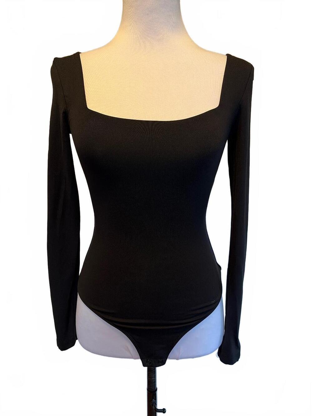 Aritzia Contour XS Black Squareneck Longsleeve Thong Bodysuit 90s Minimalist Y2K